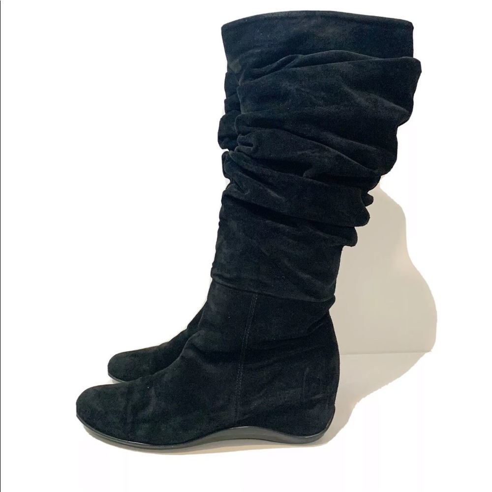 Aquatalia Black Suede Slouchy Mid Calf Wedge Driving Boots Size 8